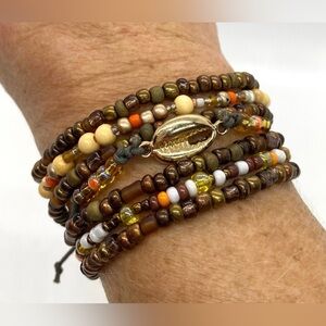 Brown Gold Shell Charm Beaded Bracelet Set Boho-chic Coastal Cowgirl Preppy